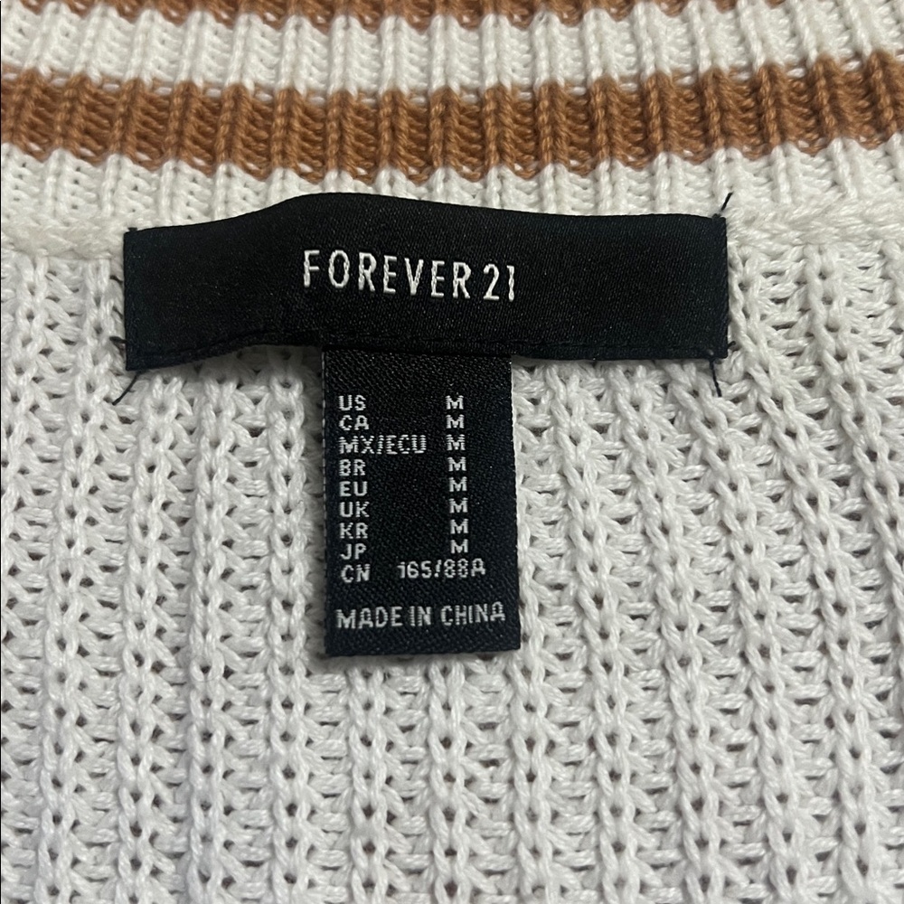 Forever 21 V-Neck Varsity Sweater Size M Cream Striped Collar Preppy Academia - Picture 2 of 7